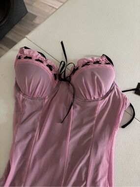 Current Mood Pink Lace-Trim Bustier Chemise with Black Ribbon Accents